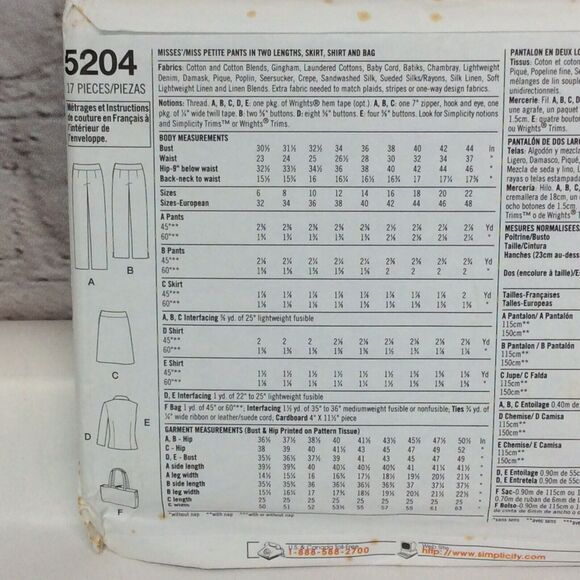 Simplicity Sewing Pattern 5204 Sizes 6-12 Vest Pants Shirt Skirt Tote Uncut - Picture 4 of 6